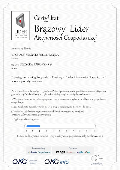 BRĄZOWY LIDER AKTYWNOŚCI GOSPODARCZEJ ZA MIESIĄC STYCZEŃ 2024